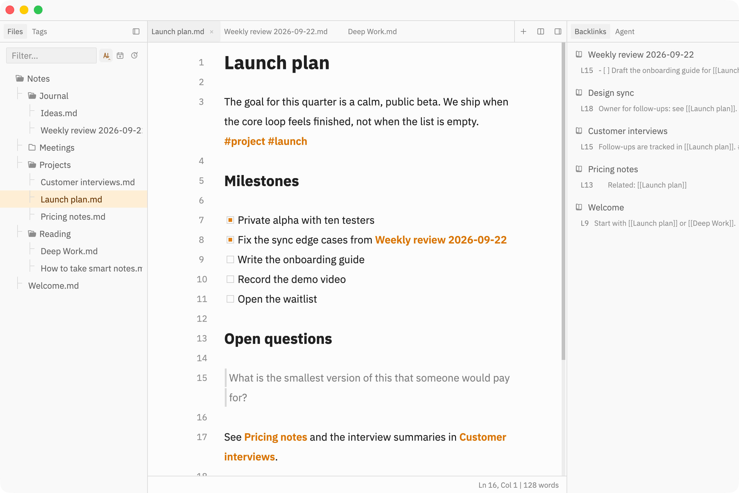 The backlinks panel listing every note that links to the open note