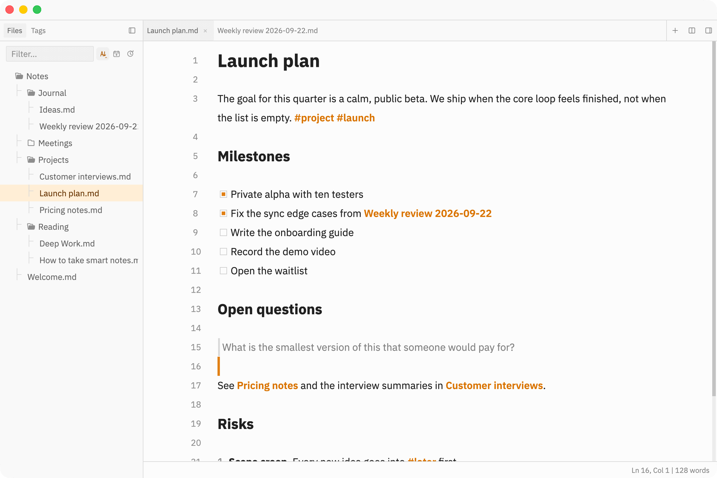Noter with a notes folder open in the sidebar and a Markdown note in the editor